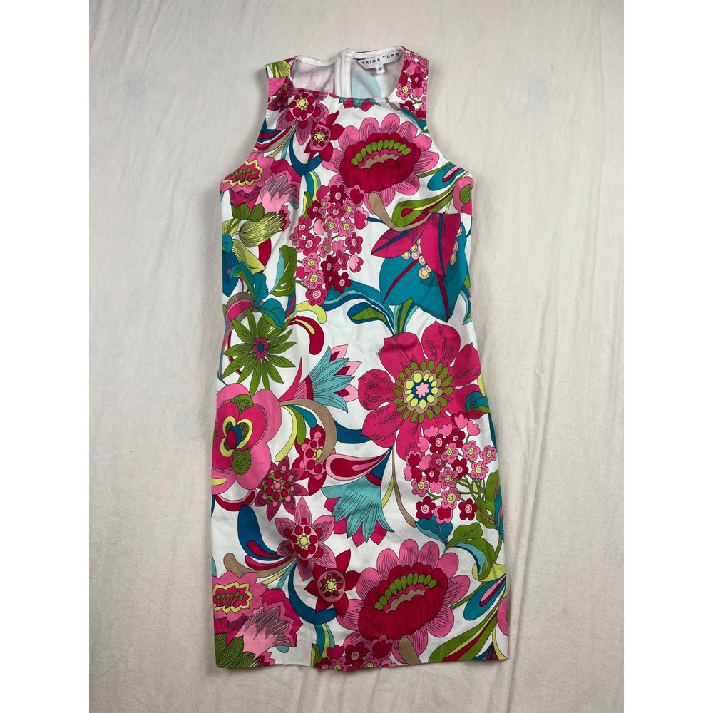 Trina Turk Floral Sleeveless Sheath Dress Pink Green Racerback 2303329PW1 Size 4